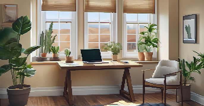 A cozy home office with a wooden desk, laptop, potted plants, and sunlight streaming through a large window.