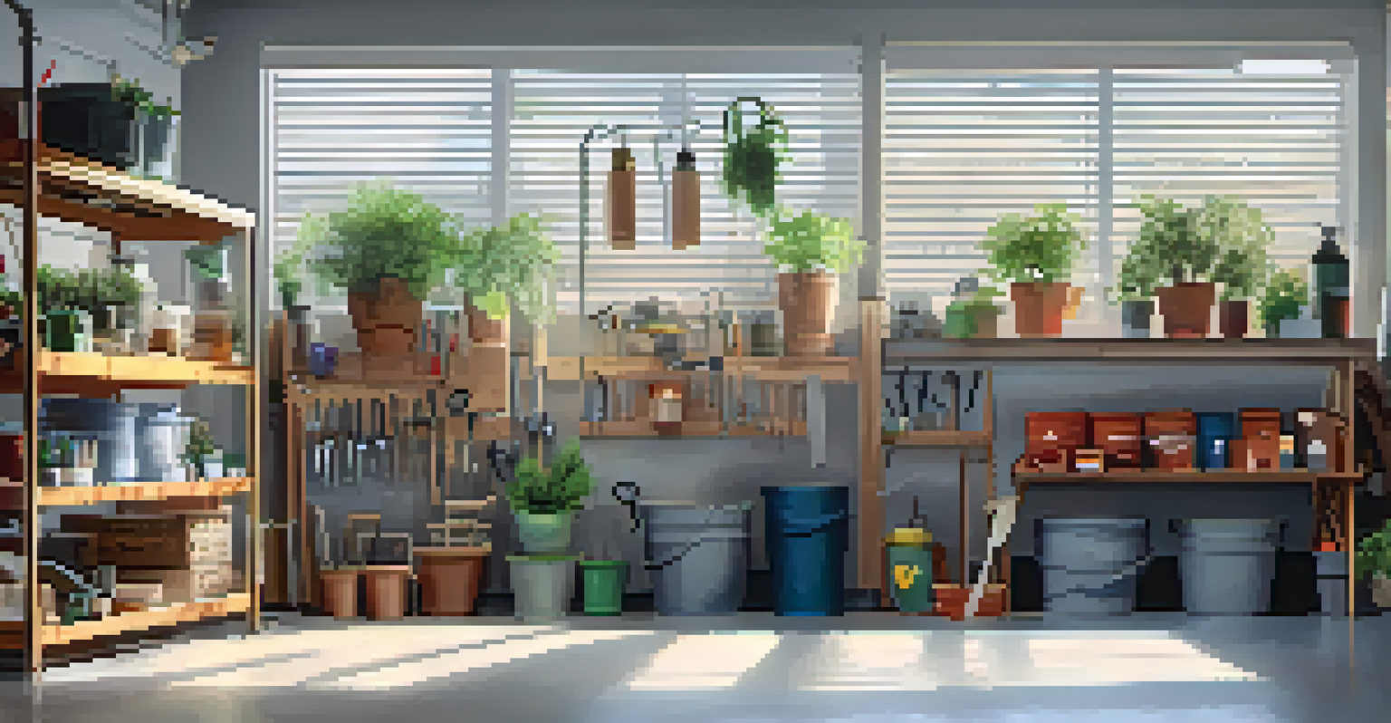 A clean and organized garage with neatly arranged tools and natural light filtering in through a window.