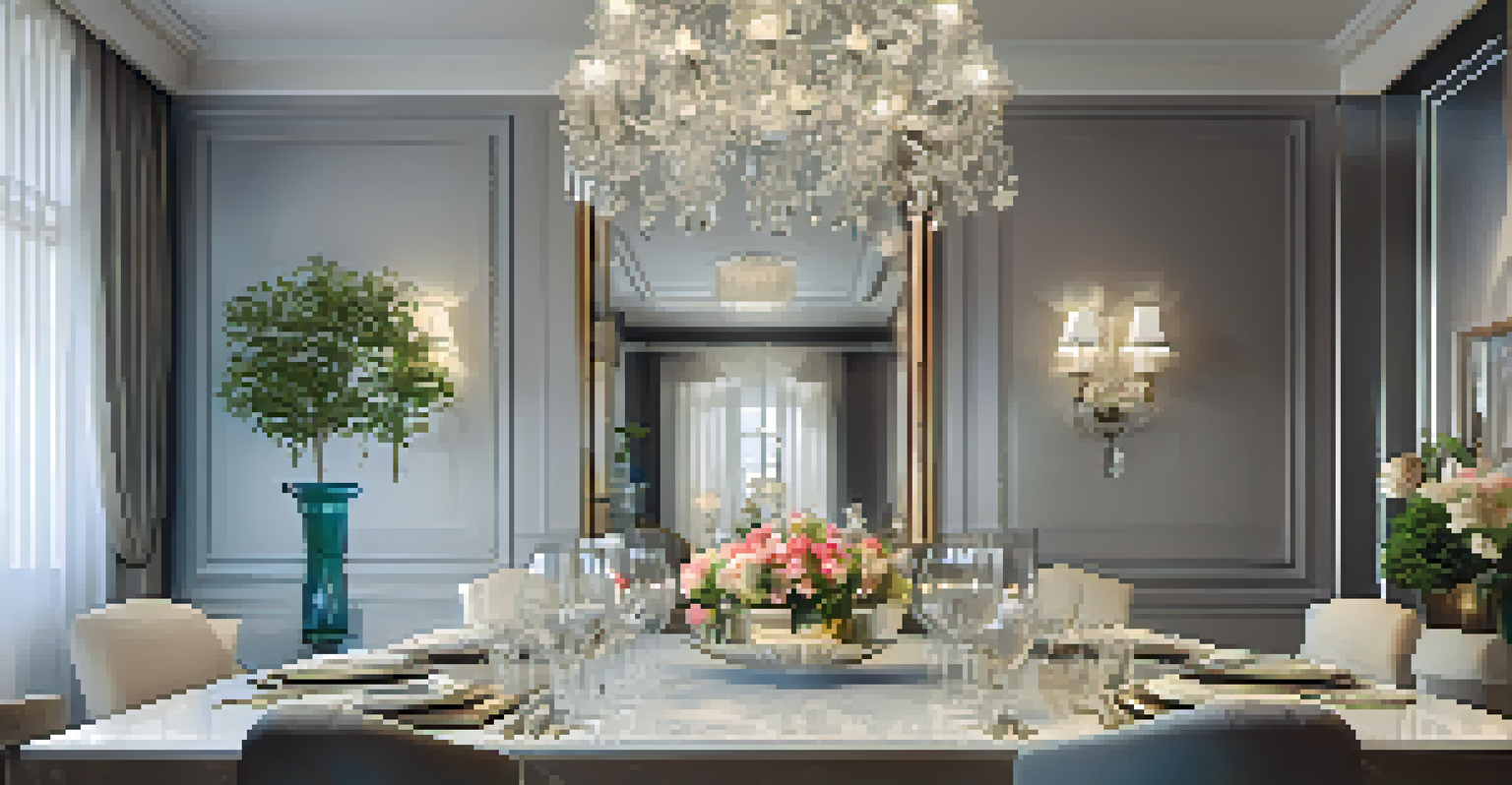 An elegant dining area with a large mirror above a beautifully set dining table, enhancing the ambiance with reflections.