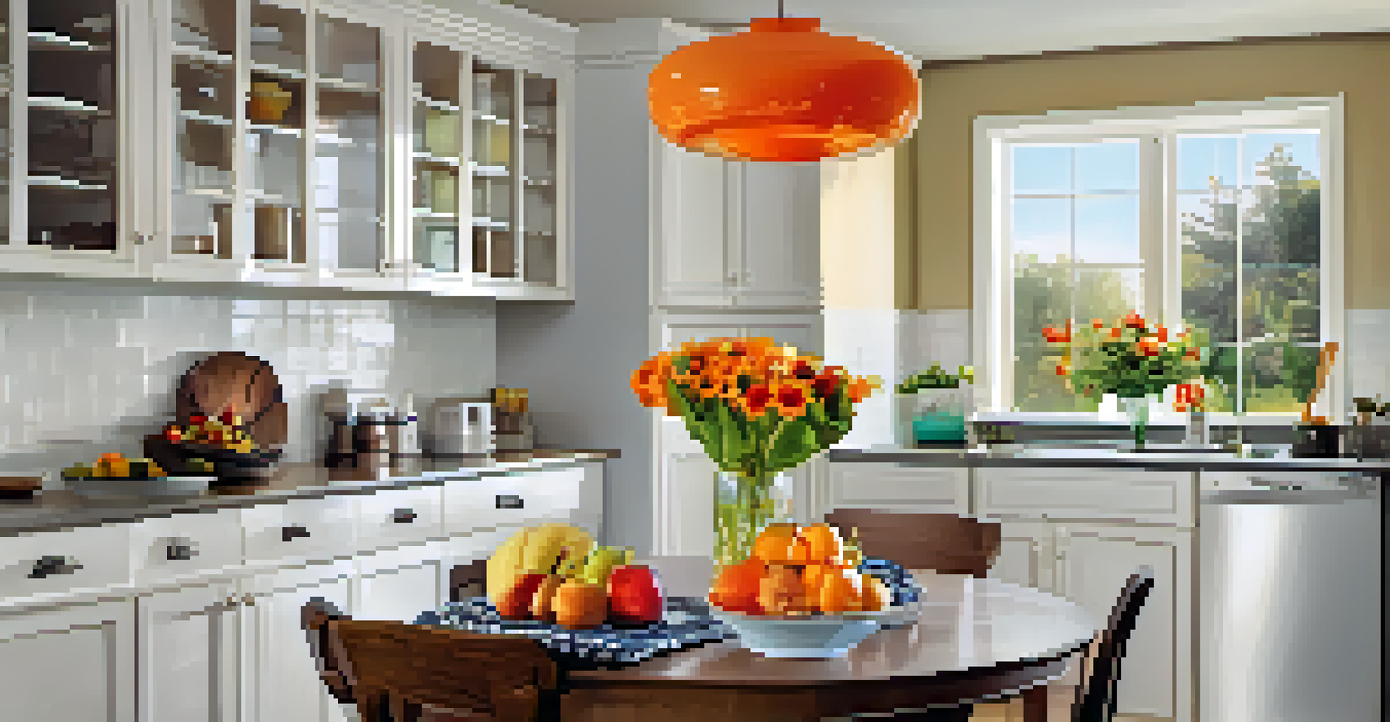 A modern kitchen with fresh fruits and a home warranty certificate.