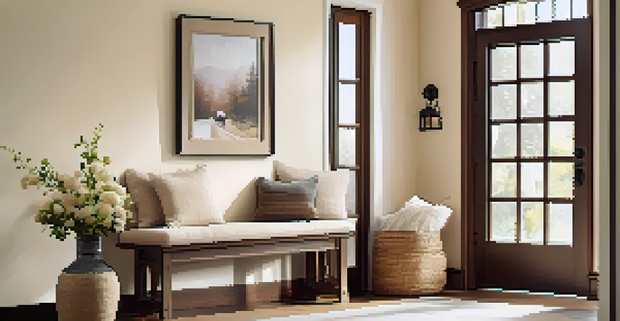A warm and inviting entryway featuring a wooden bench with cushions and a console table with family photos and flowers, bathed in soft natural light.