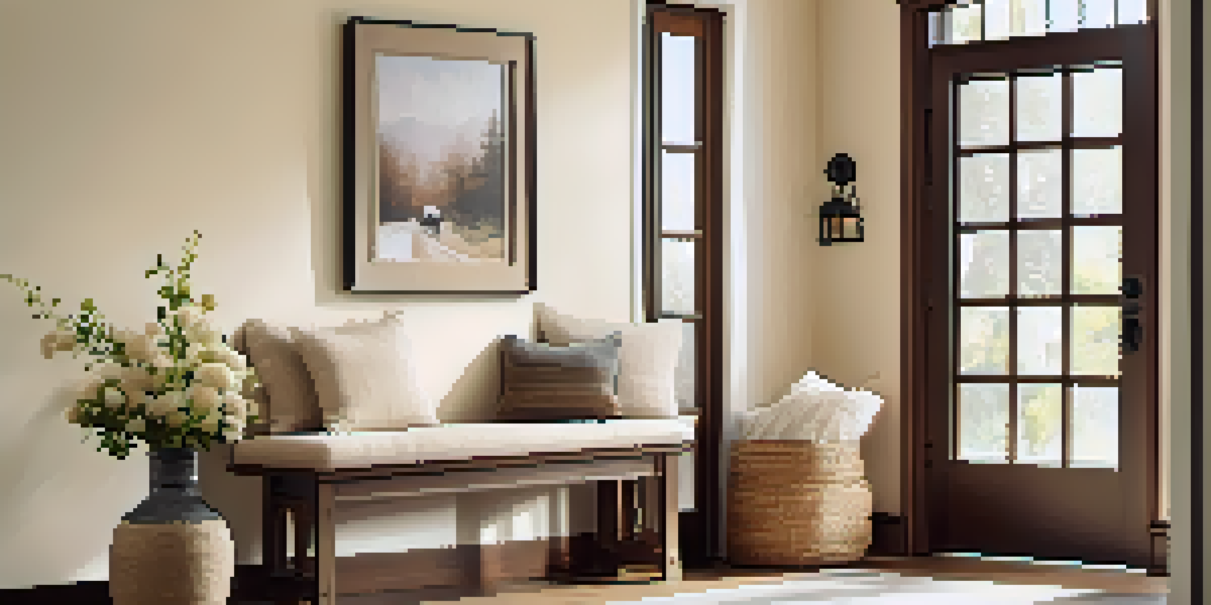 A warm and inviting entryway featuring a wooden bench with cushions and a console table with family photos and flowers, bathed in soft natural light.