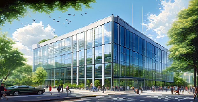 A contemporary office building with glass windows set in a green urban landscape on a sunny day.