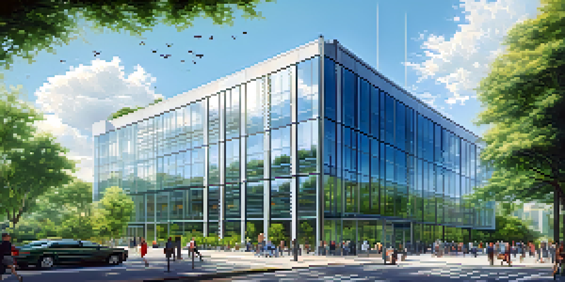 A contemporary office building with glass windows set in a green urban landscape on a sunny day.
