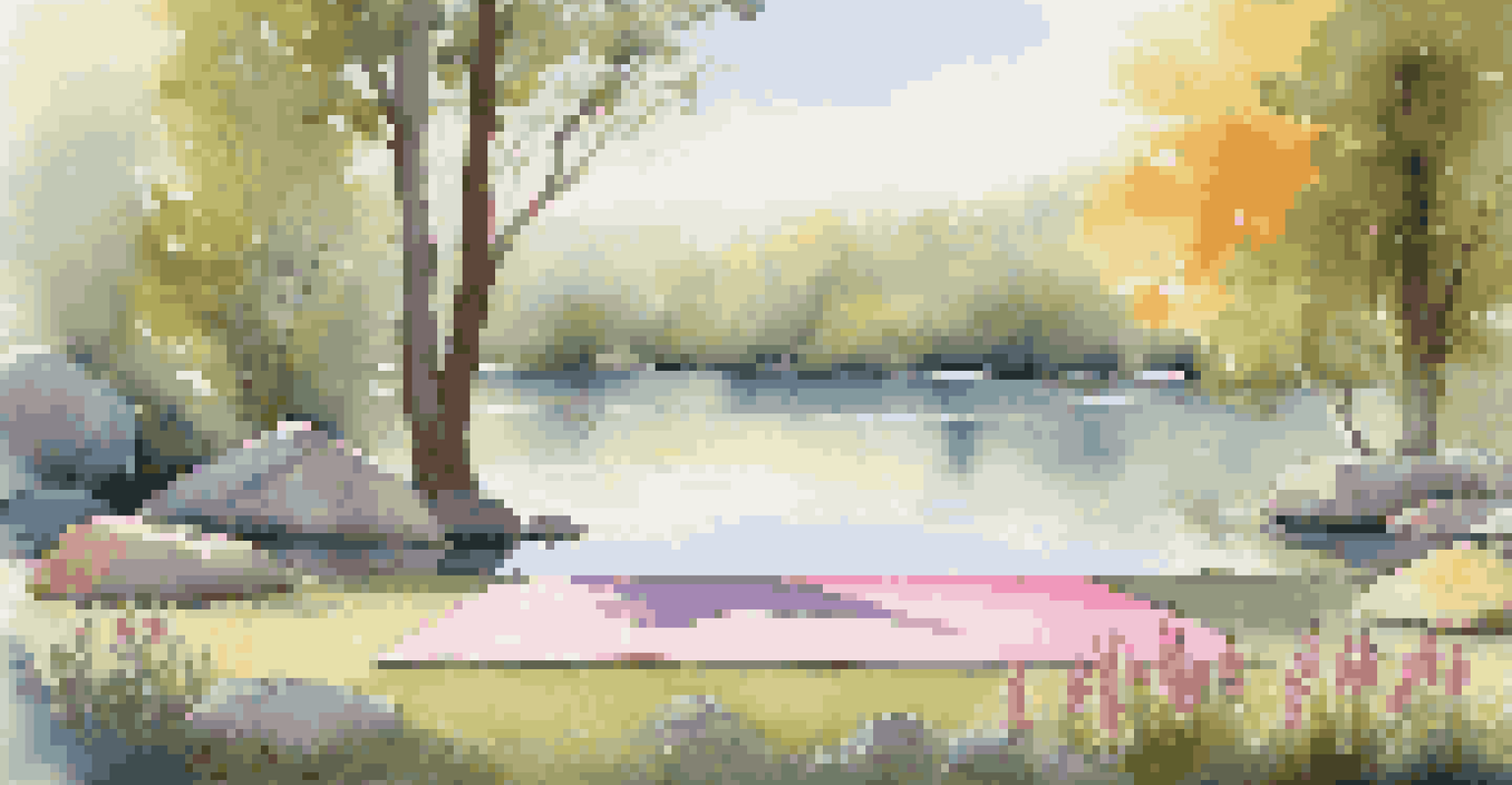 A peaceful outdoor yoga space by a calm lake, featuring a yoga mat, decorative stones, and flowers, illuminated by soft afternoon light.