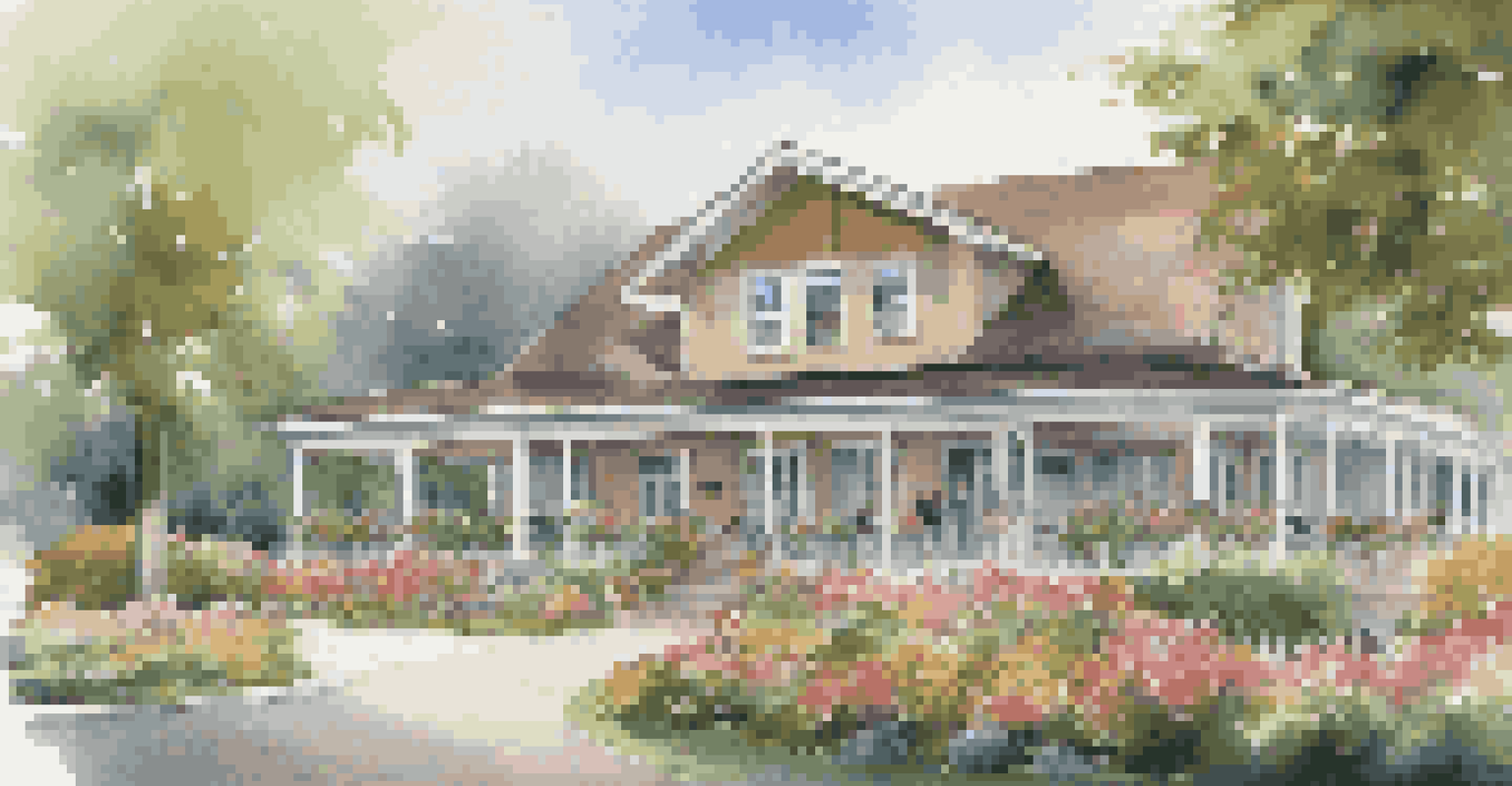 A beautiful community clubhouse with greenery and residents socializing on the porch.