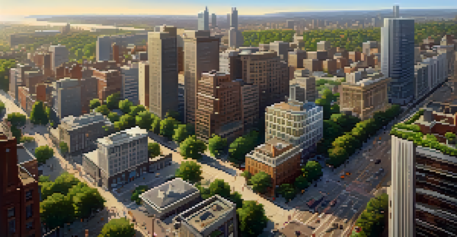 An aerial view of a vibrant urban area with a mix of skyscrapers and historic buildings under golden sunlight.