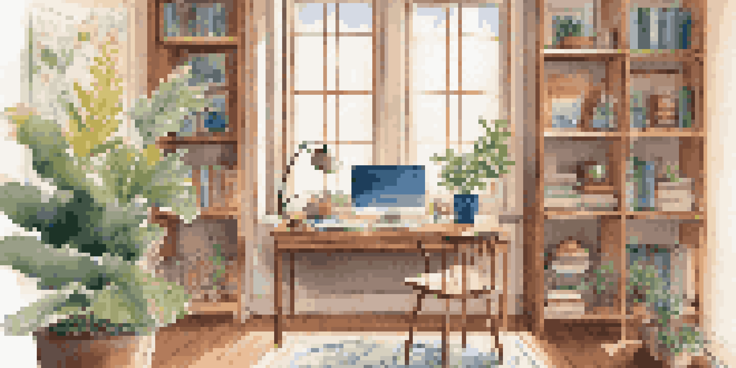A cozy home office with a wooden desk by a window, featuring a laptop, a potted plant, and warm-colored walls with artwork.