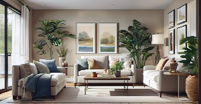 A cozy living room with a sofa, plants, and natural light.