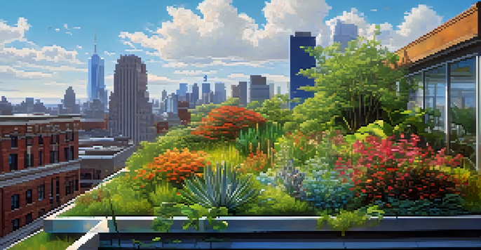 A green roof filled with colorful plants and flowers, set against a city skyline and a clear blue sky.