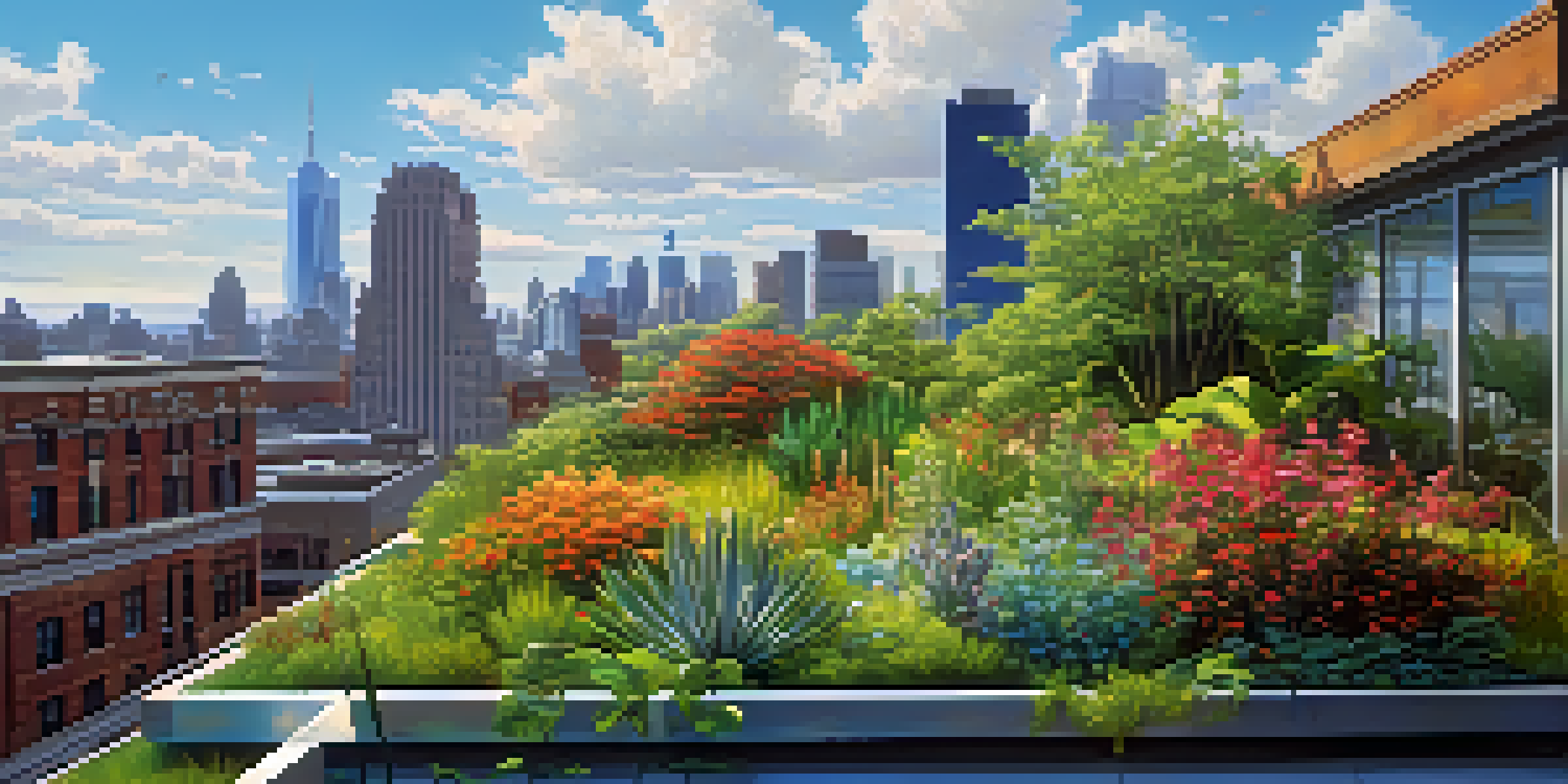 A green roof filled with colorful plants and flowers, set against a city skyline and a clear blue sky.