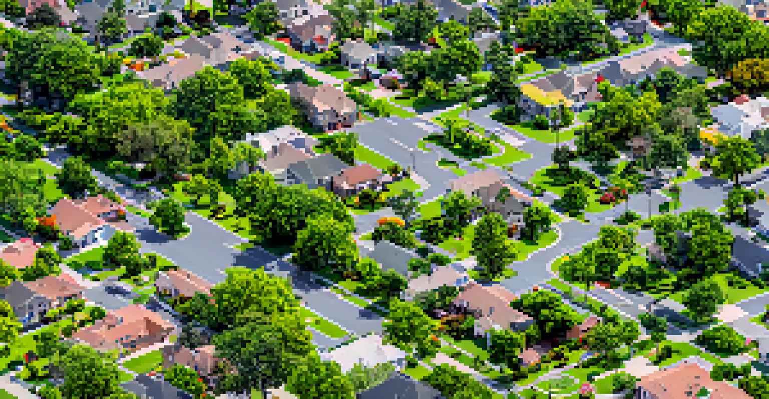 An aerial view of a suburban neighborhood with houses and children playing in a park.