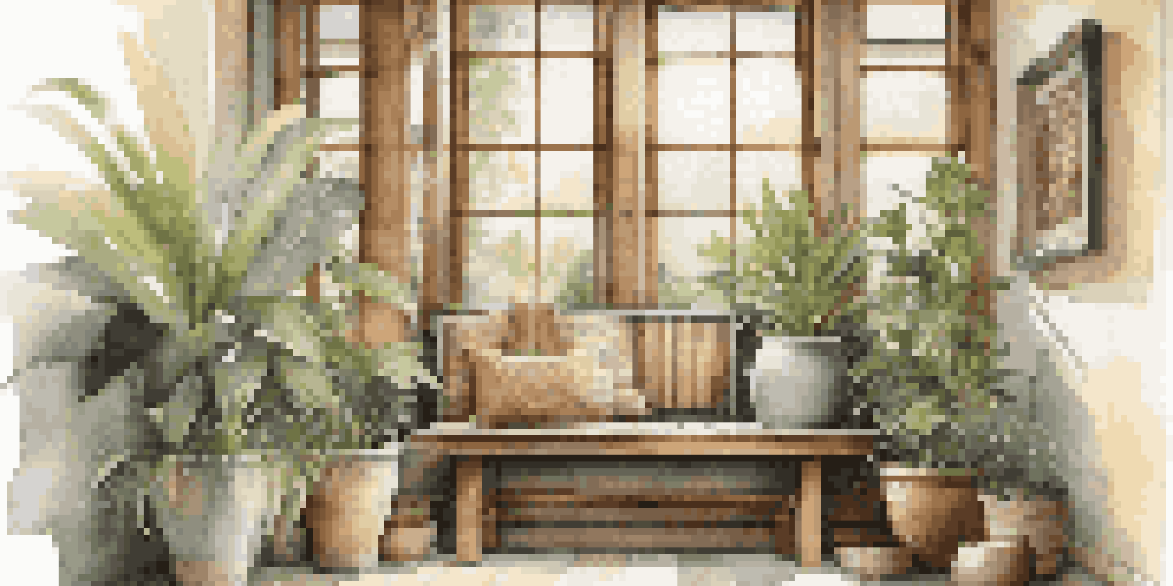 An eco-friendly entryway with reclaimed wood, bamboo, a stone floor, and potted plants, illuminated by natural light.