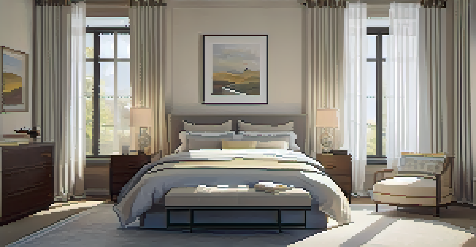 A serene bedroom with a made bed, soft linens, large window, and bedside table.