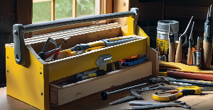 An open toolbox on a wooden workbench displaying essential DIY tools including a tape measure, hammer, and screwdrivers under bright natural light.