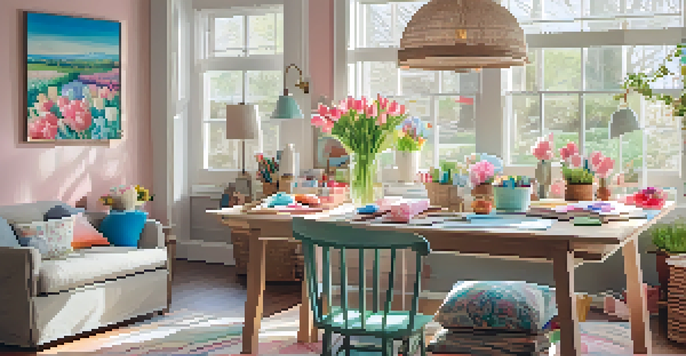 A bright and inviting craft room decorated with pastel colors and fresh tulips, filled with crafting supplies and natural light.