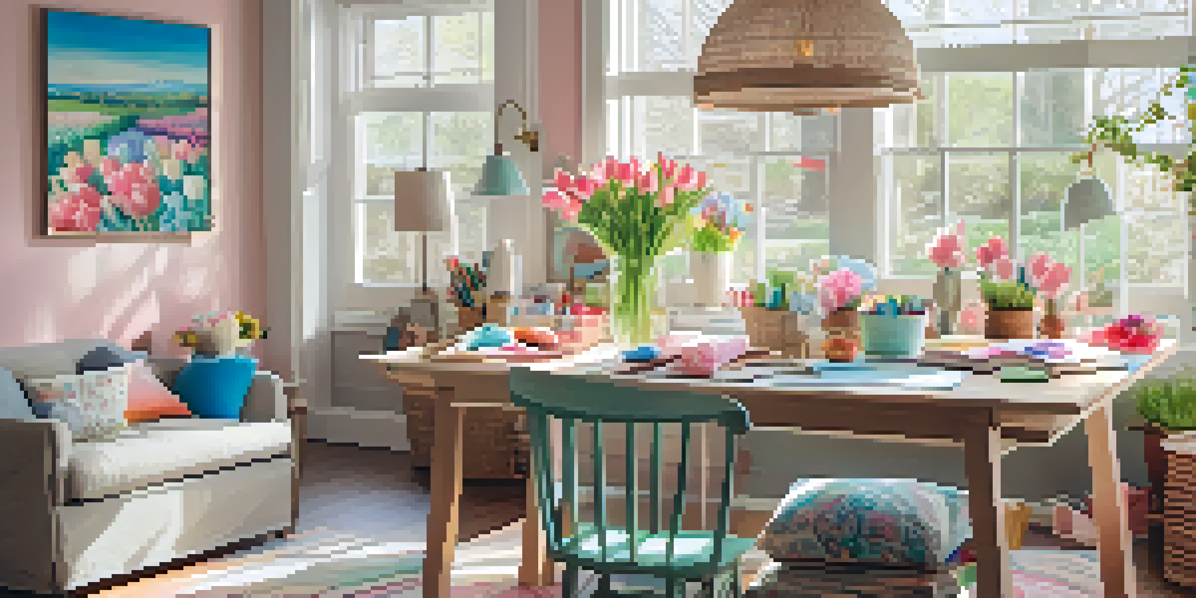 A bright and inviting craft room decorated with pastel colors and fresh tulips, filled with crafting supplies and natural light.