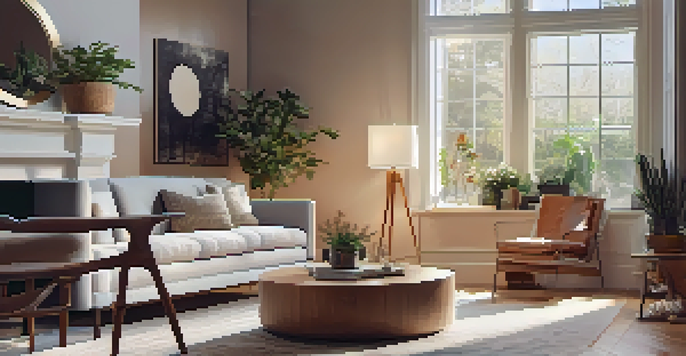 A warm and inviting living room with a fireplace, soft lighting, and large windows, filled with natural light and decorative plants.
