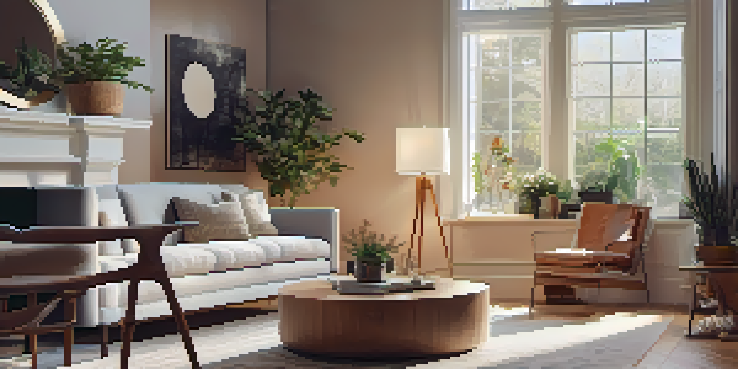 A warm and inviting living room with a fireplace, soft lighting, and large windows, filled with natural light and decorative plants.
