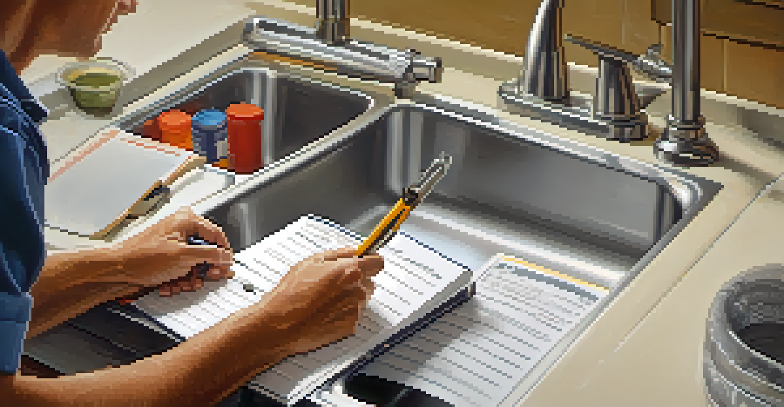 A home inspector examining plumbing under a kitchen sink with tools and notes.