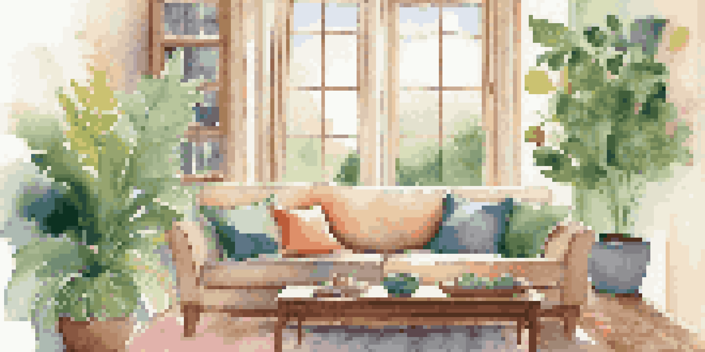 A bright and cozy living room with a sofa, colorful cushions, and a view of a green garden through the window.