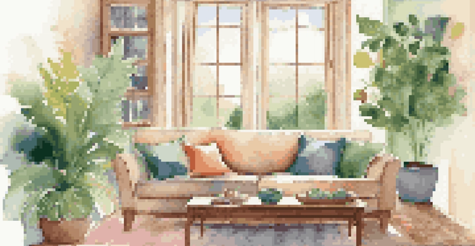 A bright and cozy living room with a sofa, colorful cushions, and a view of a green garden through the window.