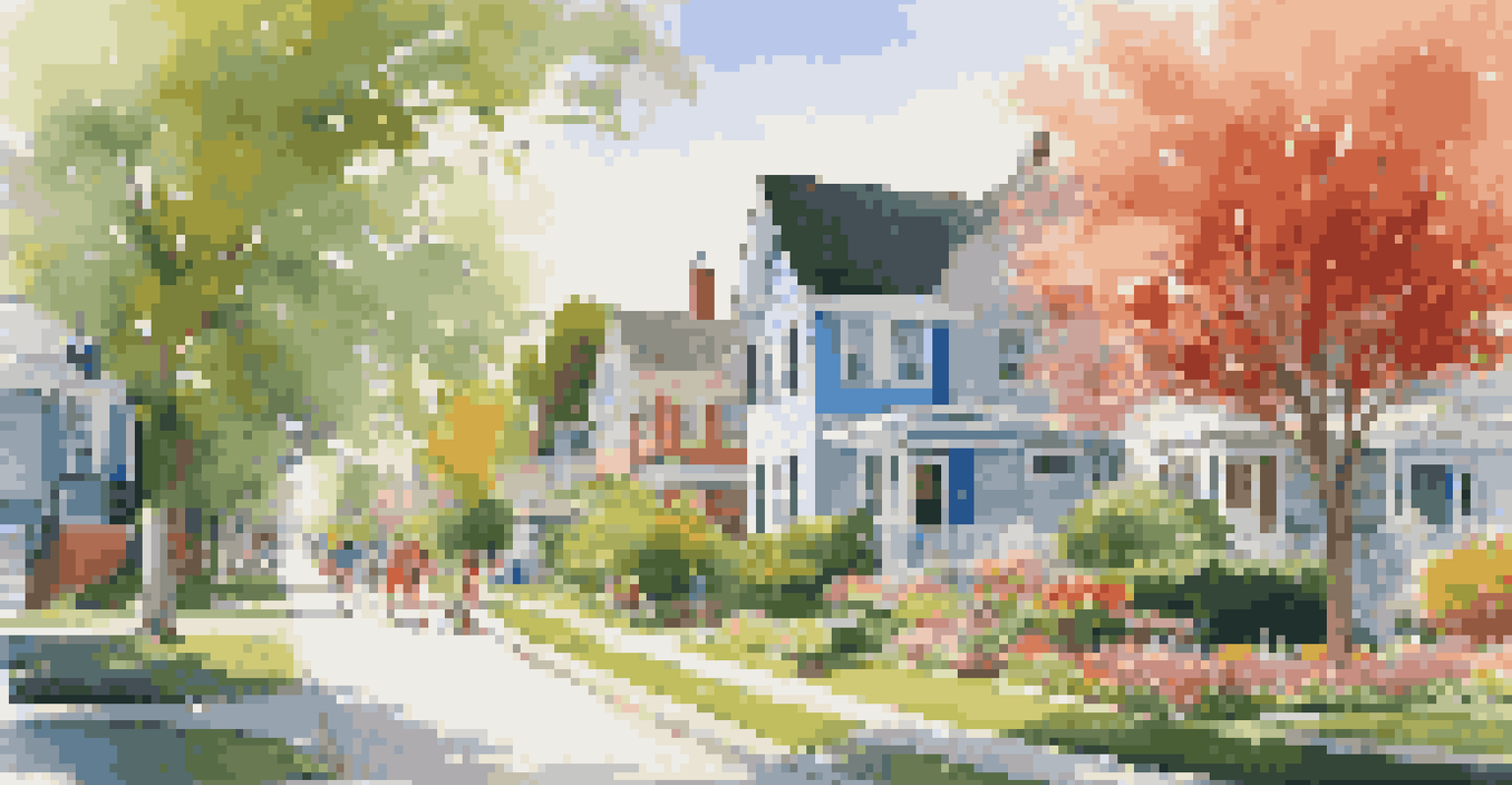 A picturesque residential neighborhood with colorful houses and families enjoying a sunny day.