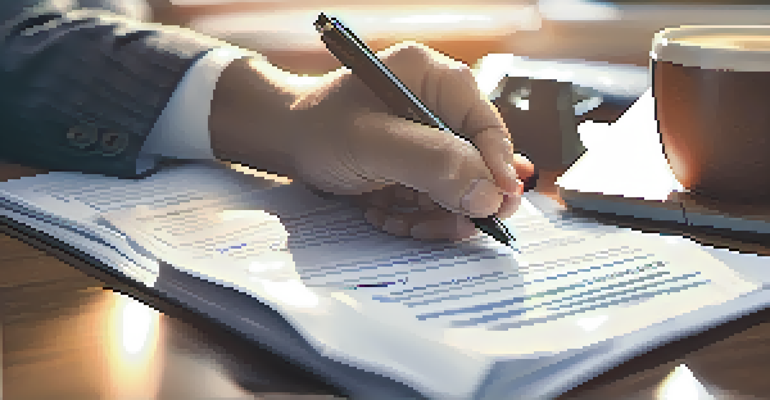 A close-up of hands holding a mortgage application, with a pen ready to write, on a desk with a laptop and coffee.