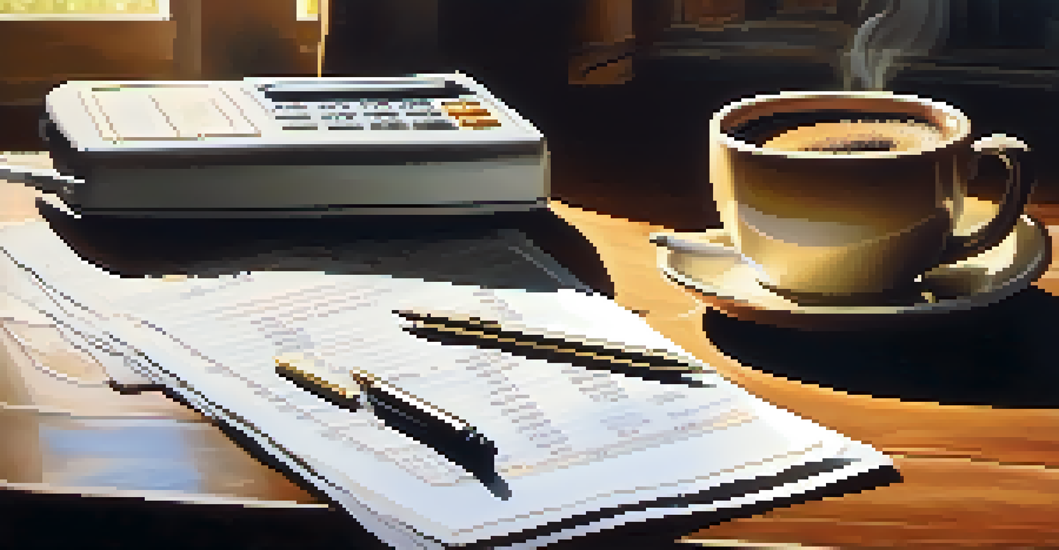 A close-up of a hand with a pen over a financial document, calculator, and coffee cup in the background on a wooden table.