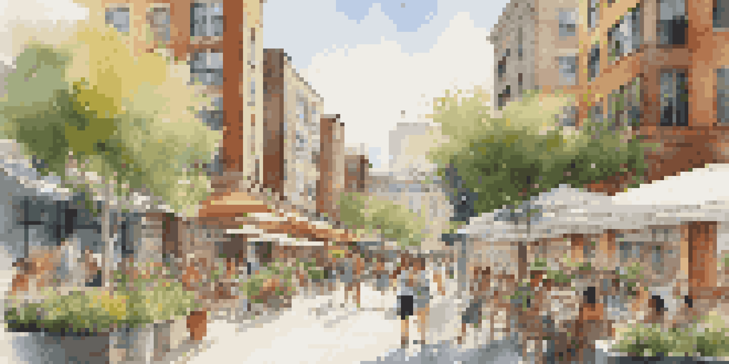 A lively urban area with modern buildings, green rooftops, and people enjoying outdoor spaces.