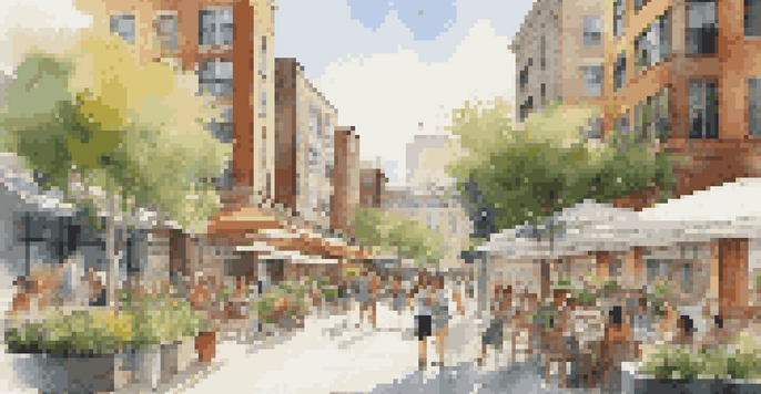 A lively urban area with modern buildings, green rooftops, and people enjoying outdoor spaces.