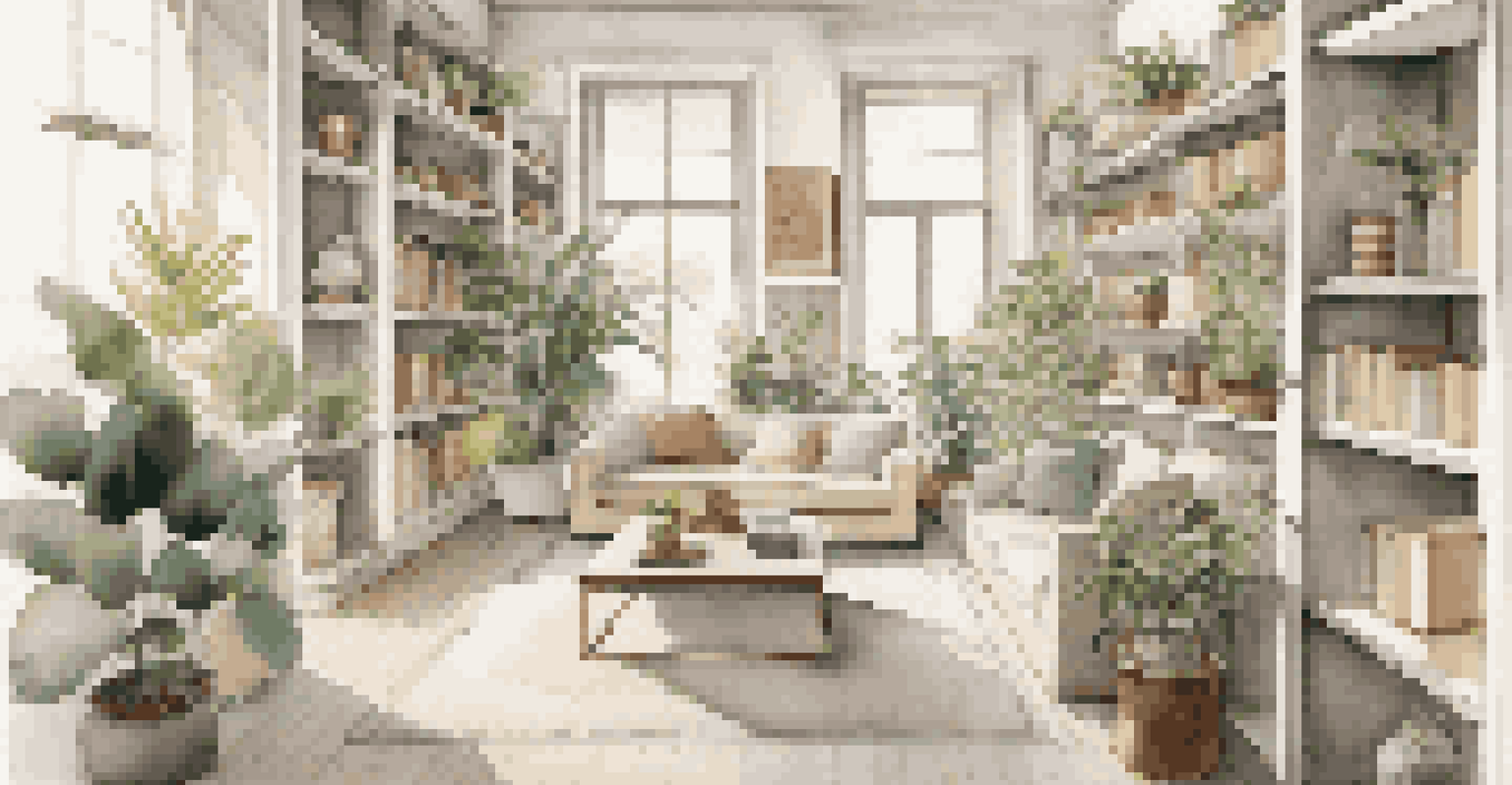 An open floor plan featuring tall shelving units and floating shelves filled with books and plants, illuminated by natural light.