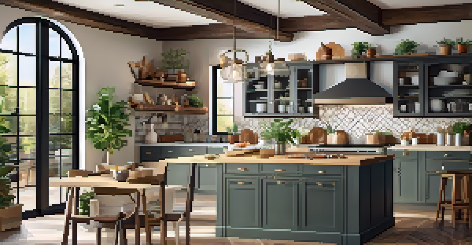 A rustic open kitchen with wooden beams, warm colors, and a cozy ambiance, ideal for family gatherings.