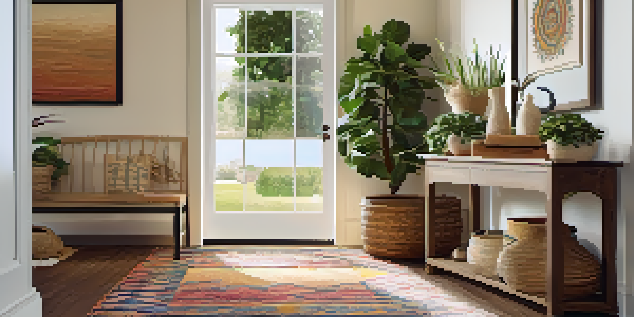 A welcoming entryway with layered rugs, plants, and a mirror, illuminated by warm sunlight.