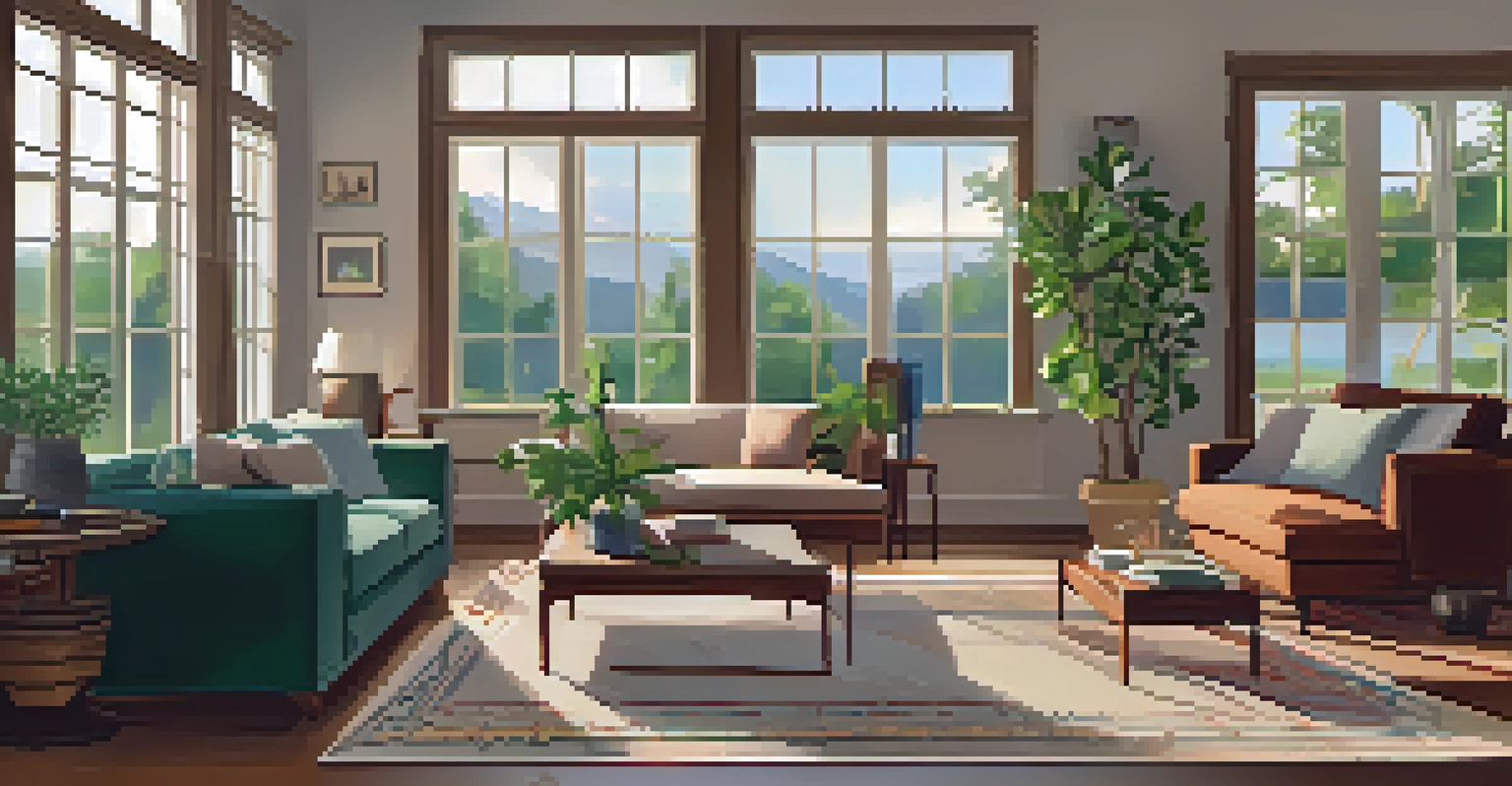 A cozy living room with a sofa, coffee table, large windows, and framed pictures on the walls.