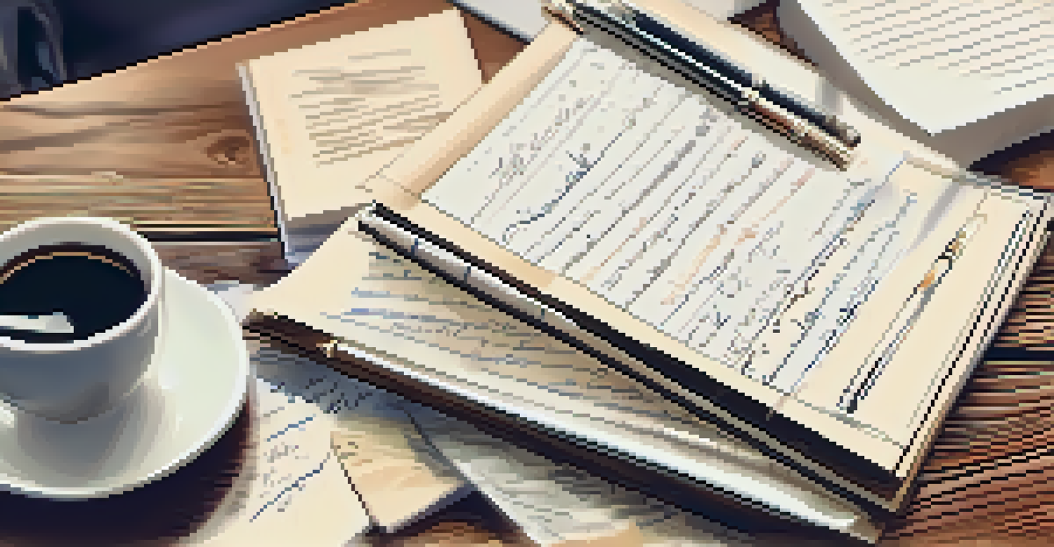 A close-up of a handwritten proposal document on a wooden table, with stationery items and a steaming cup of coffee in the background.