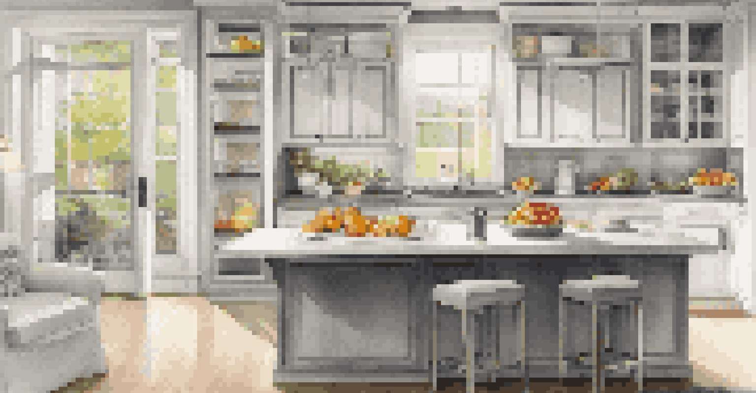 An elegant kitchen featuring sleek cabinets, stainless steel appliances, and a kitchen island with fruits and flowers, illuminated by natural sunlight.