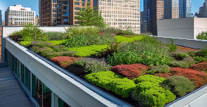 A green roof with diverse plants on a contemporary city building, surrounded by tall skyscrapers under a clear sky.