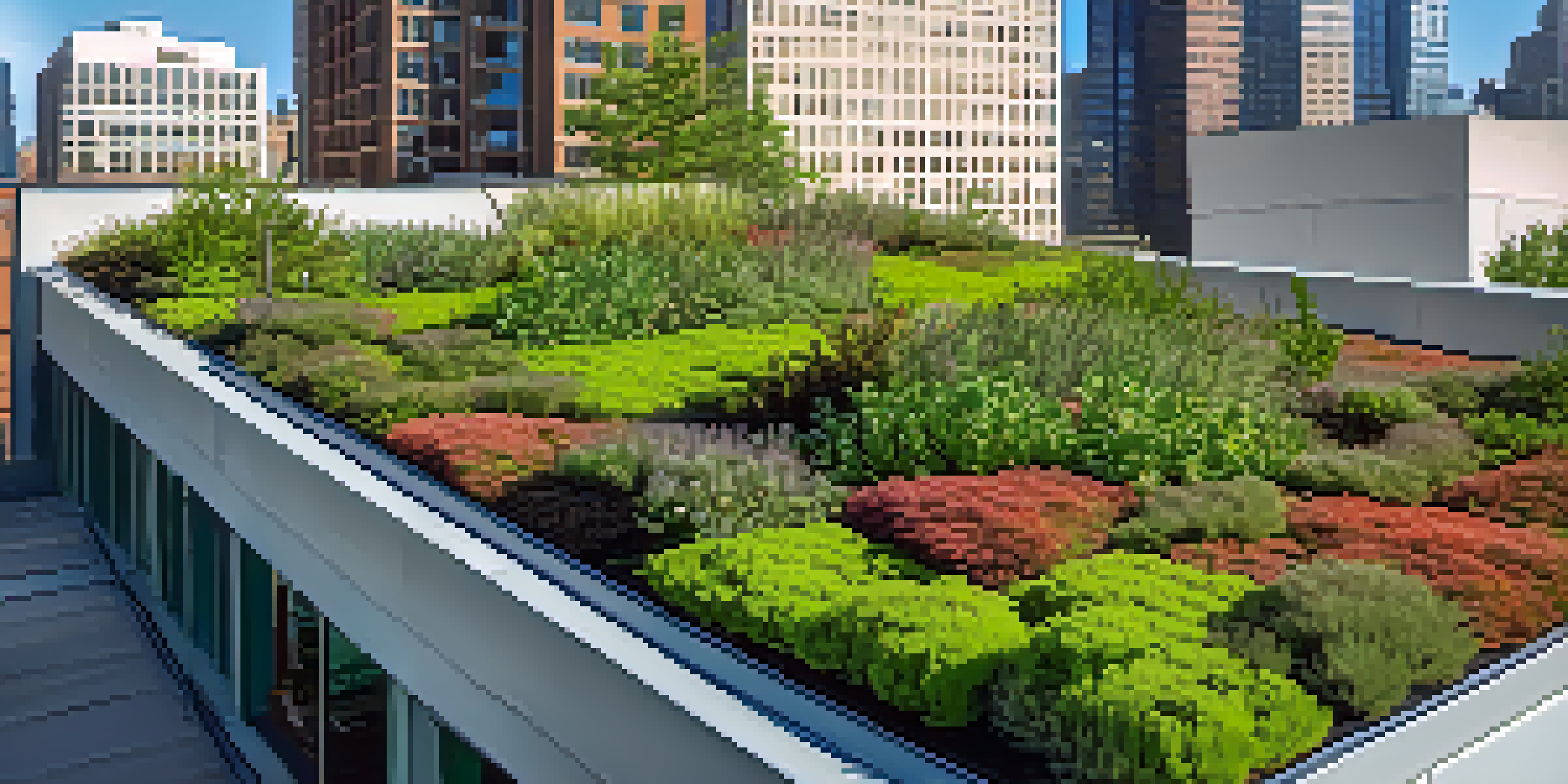 A green roof with diverse plants on a contemporary city building, surrounded by tall skyscrapers under a clear sky.