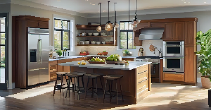 A modern kitchen with wooden cabinetry, a central island, and natural light coming through a large window.