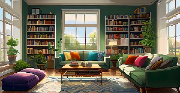 A warm and inviting living room with a sofa, coffee table, and plants, illuminated by natural light.