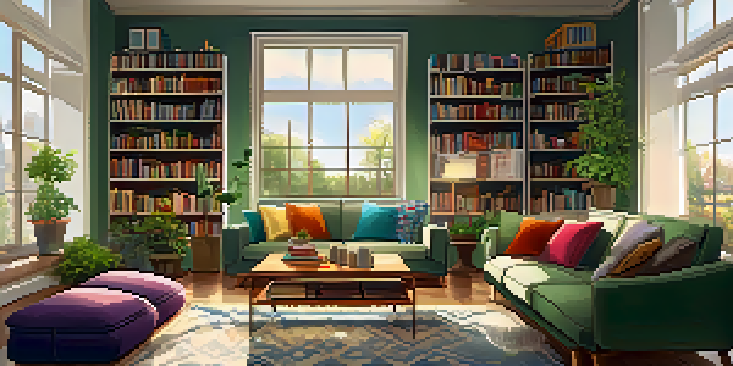A warm and inviting living room with a sofa, coffee table, and plants, illuminated by natural light.