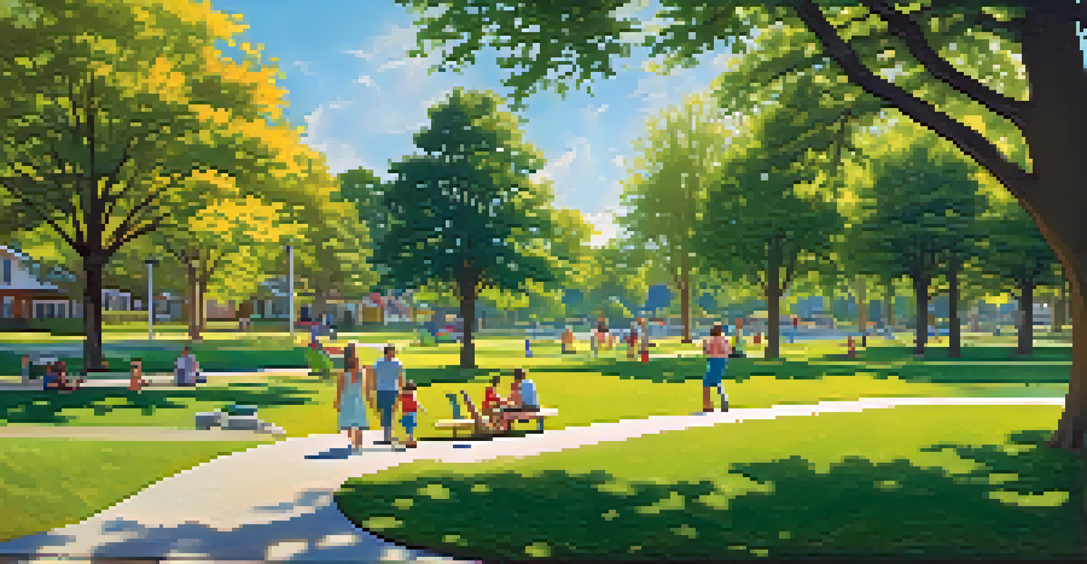 A peaceful suburban park with families enjoying picnics, children playing, and colorful flowers under a clear blue sky.