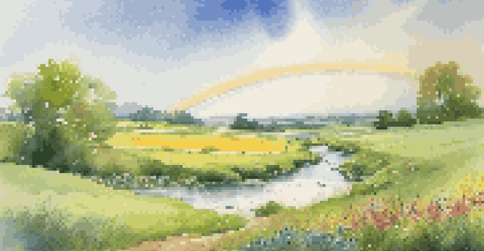 A peaceful countryside after rain with green fields, colorful wildflowers, a rainbow in the sky, and a glistening stream.