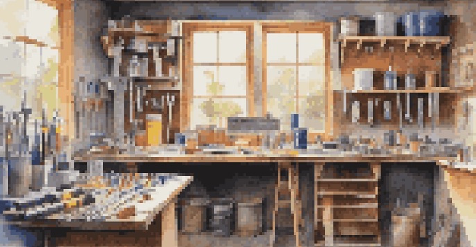 A home workshop featuring a pegboard with neatly arranged hand tools in various colors, illuminated by soft natural light from a window.