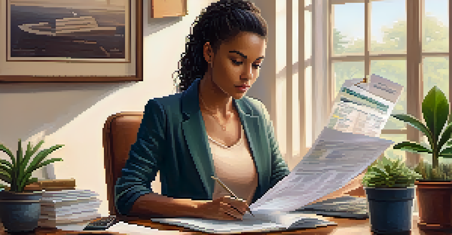 A young woman examining her credit report at a desk with financial documents and a laptop.