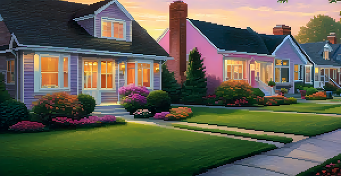A peaceful suburban neighborhood at sunset with houses, gardens, and people walking.