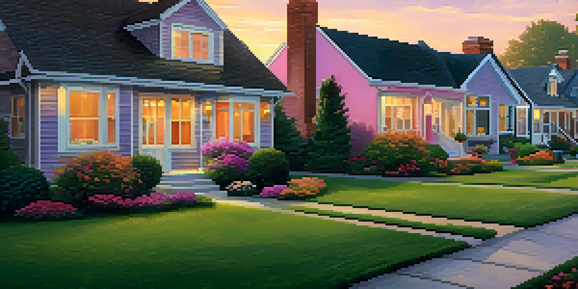 A peaceful suburban neighborhood at sunset with houses, gardens, and people walking.