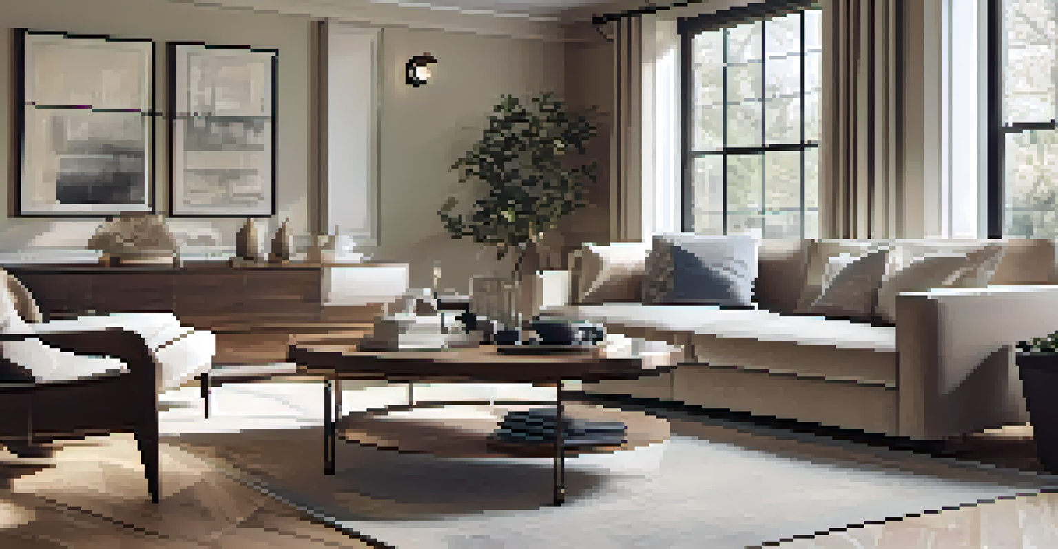 A stylish living room with a plush sofa, coffee table, and natural light streaming through large windows.