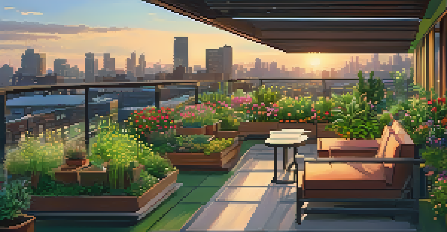 Rooftop garden in an urban environment, filled with plants and flowers against a backdrop of a city skyline at sunset.